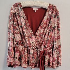 1X Lauren Conrad Shimmer Floral Faux Wrap Fairy Romantic Feminine Ruffle Sequin